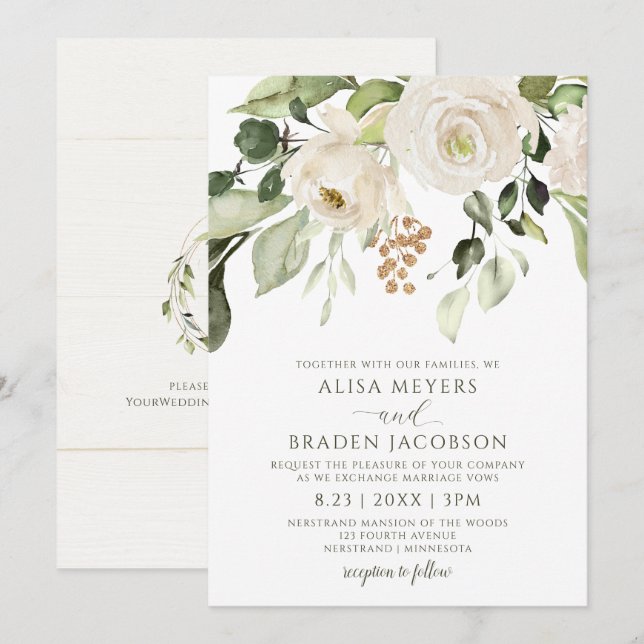 Elegant Wedding Foliage Greenerity Gold White Flor Einladung (Vorne/Hinten)