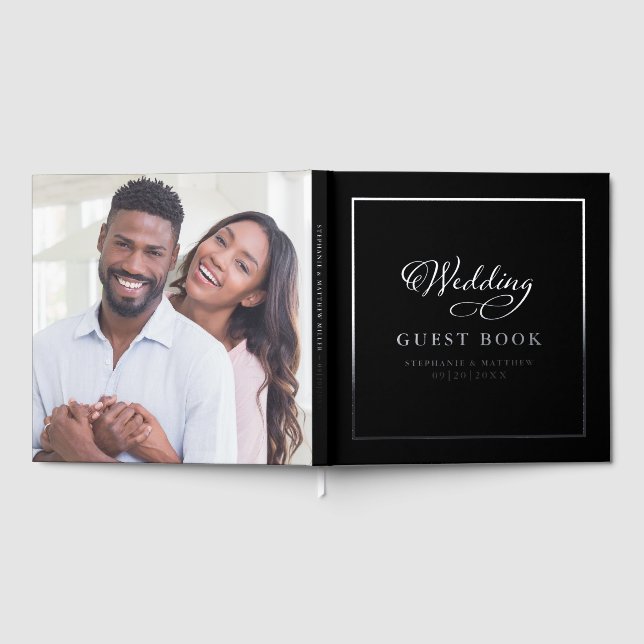 Elegant Wedding Foto Chic Calligraphy Real Silver Gästebuch (Voll)