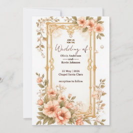 Elegant Wedding Gold Frame With Soft Pink Flowers Einladung