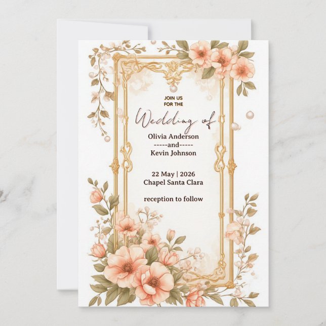 Elegant Wedding Gold Frame With Soft Pink Flowers Einladung (Vorderseite)