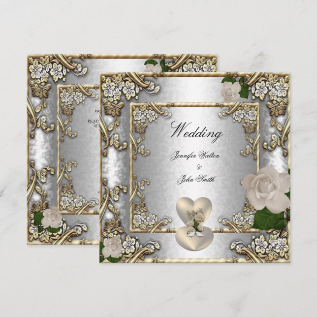 Elegant Wedding Gold Rose Silver White Einladung (Vorne/Hinten)