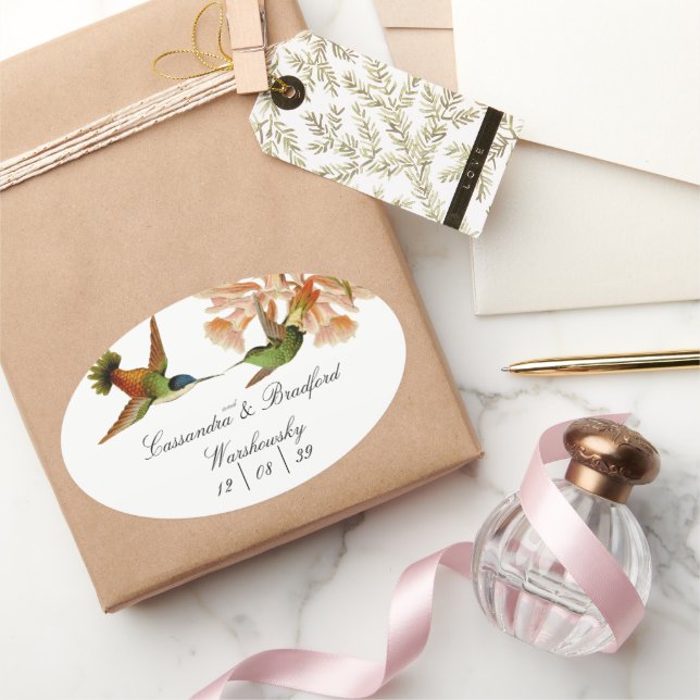 Elegant Wedding Green Hummingbird Blush Pink Ovaler Aufkleber (Schenken)