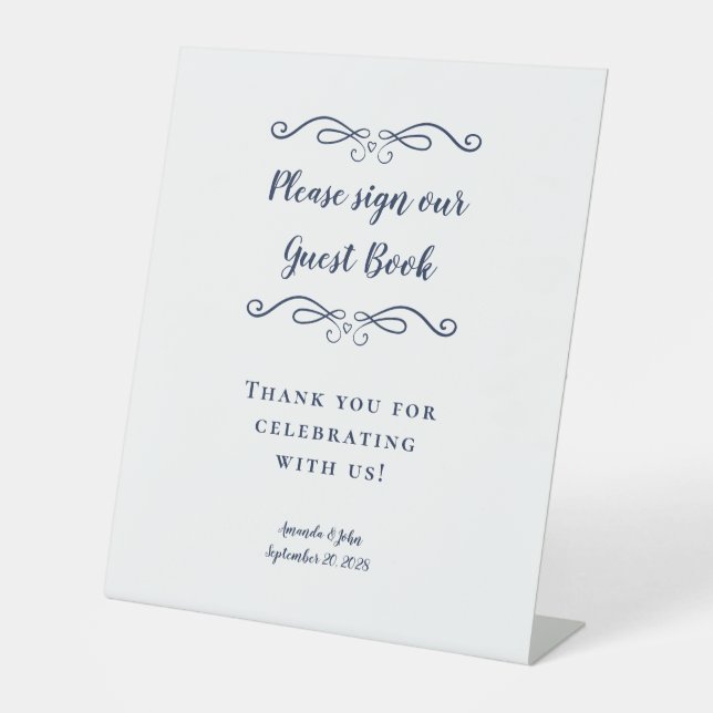 Elegant Wedding Guest Book Calligraphy Navy Blue Sockelschild (Vorderseite)