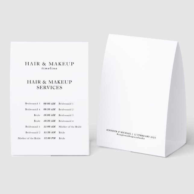 Elegant Wedding Hair Makeup Timeline Bridal Party Tischaufsteller (Vorder-/Rückseite)