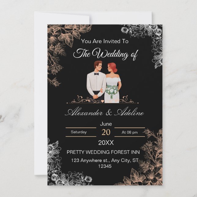 Elegant Wedding Invitation with Dark Floral  Einladung (Vorderseite)