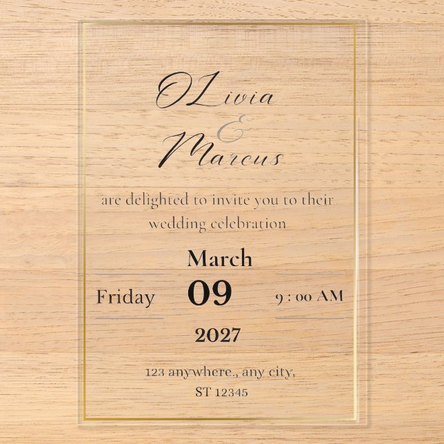 Elegant Wedding Invitation with Gold Frame  Acryleinladungen (Vorderseite)