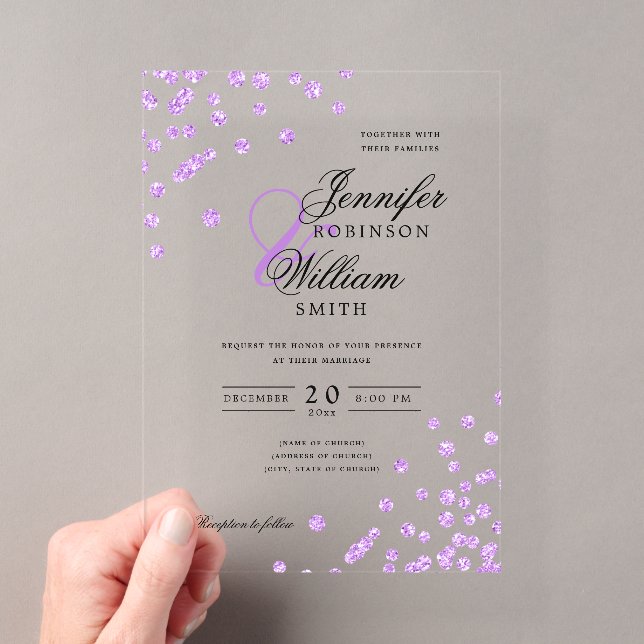 Elegant Wedding Lila Glitzer Confetti Themed Acryleinladungen (Insitu (Handheld))