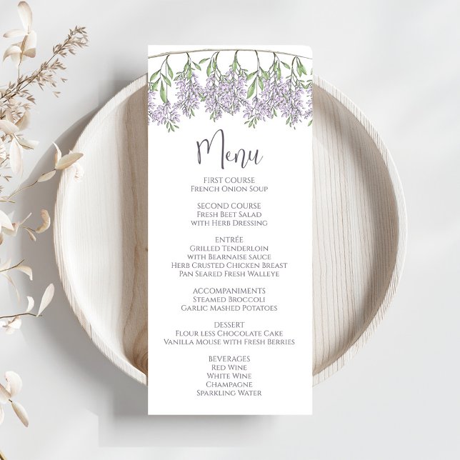 Elegant Wedding Lilac Floral Script Menükarte (Stylish calligraphy script together with block-style lettering. )