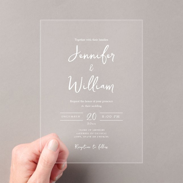 Elegant Wedding Modern Script Typografy White Acryleinladungen (Insitu (Handheld))