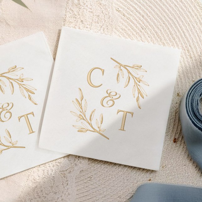 Elegant Wedding Monogram Greenerity Blätter Servietten Mit Folie (Elegant typography minimal greenery wedding monogram foil napkins.)