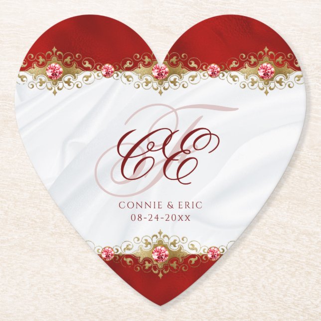 Elegant Wedding Monogram Red Gold Floral Untersetzer (Vorderseite)