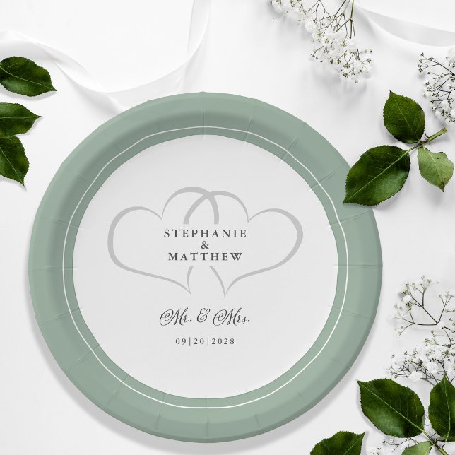 Elegant Wedding Mr. & Mrs Rustic Sage Green Hearts Pappteller (Elegant Wedding Mr & Mrs Rustic Sage Green Romantic Hearts Guest Reception Dinner Paper Plates)