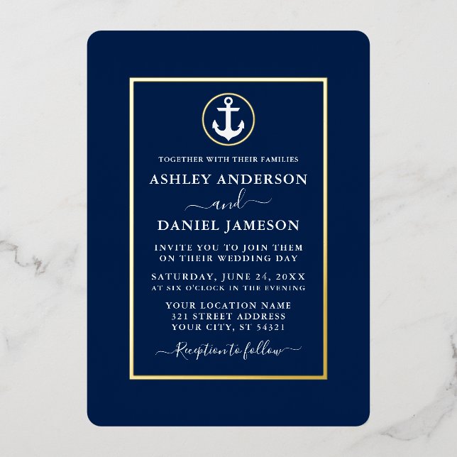 Elegant Wedding Nautical Anchor Navy Blue Gold Folieneinladung (Vorderseite)
