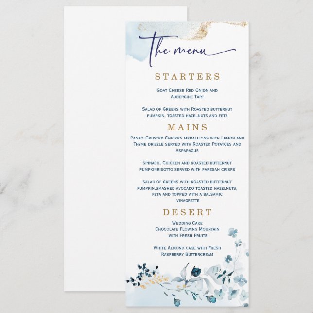 Elegant Wedding Navy Blue und Gold Menükarte (Vorne/Hinten)