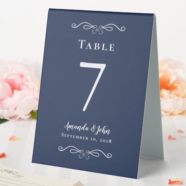 Elegant Wedding Number Calligraphy Navy Blue Chic Tischaufsteller (In Situ (Hochzeit))