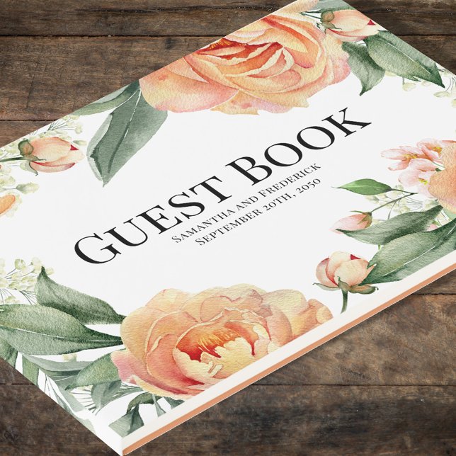 Elegant Wedding Peach Floral Gästebuch (Peach floral Wedding guest book.)