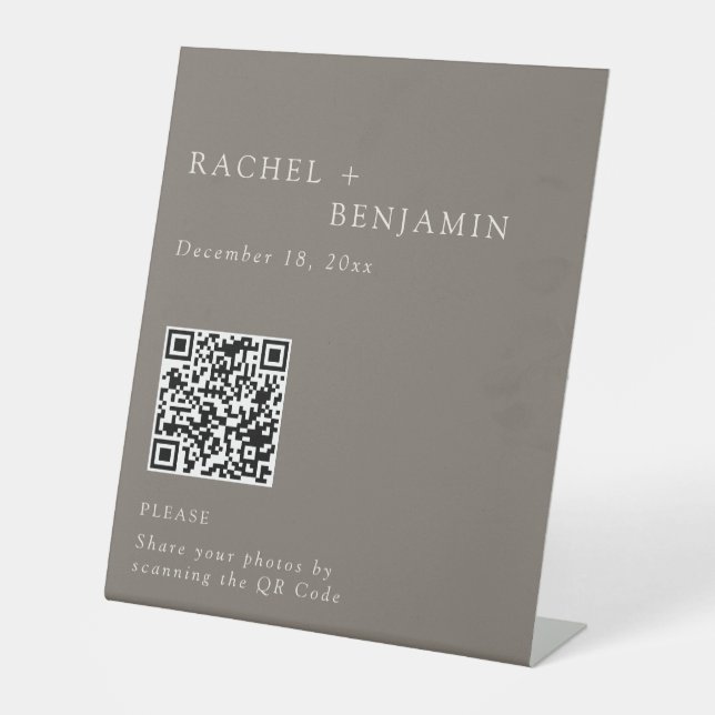 Elegant Wedding Photo Share QR Code Taupe Sockelschild (Vorderseite)