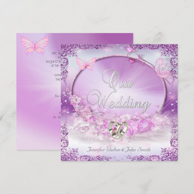 Elegant Wedding Pink Lilac Rings Butterfly Einladung (Vorne/Hinten)