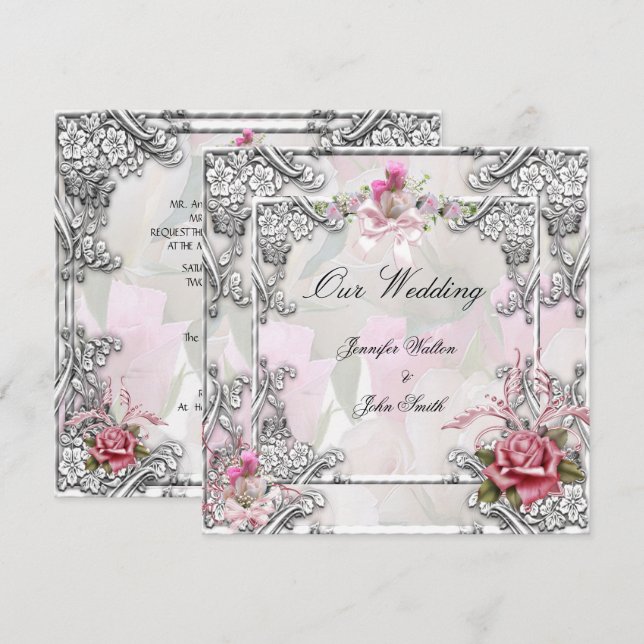 Elegant Wedding Pink Rose Silver White Einladung (Vorne/Hinten)