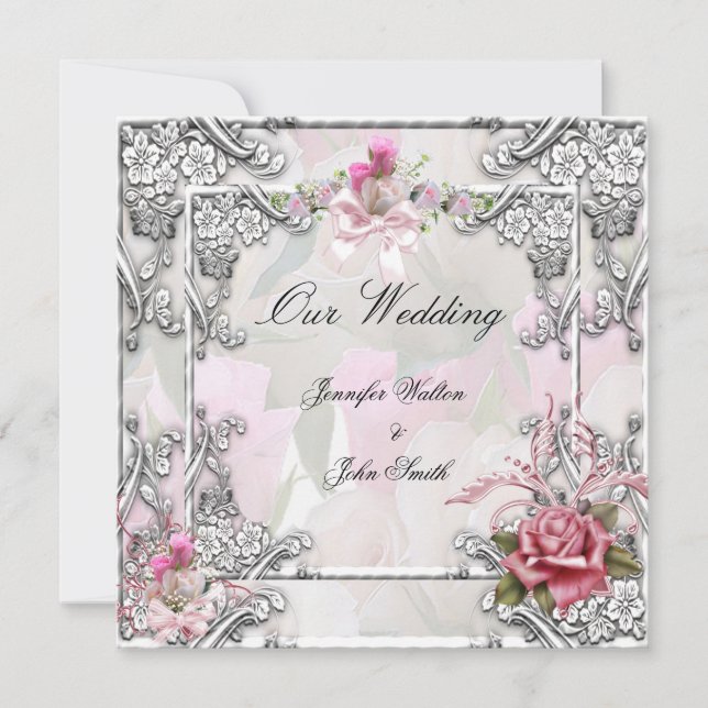 Elegant Wedding Pink Rose Silver White Einladung (Vorderseite)