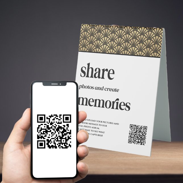 Elegant Wedding QR Code Foto Pictures Gästebuch Tischaufsteller (QR Code Wedding Event Photo Sharing Sign. Elegant gold and black art deco. )
