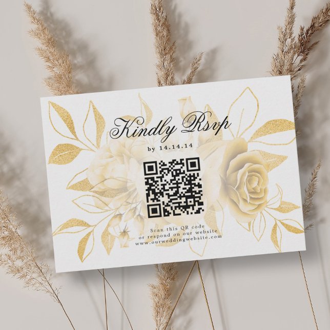 Elegant Wedding QR Code UAWG Gold Floral RSVP Karte (Elegant Wedding QR Code RSVP Gold Floral)