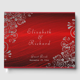 Elegant Wedding Ruby Red Silver Gray Wirbel Script Gästebuch