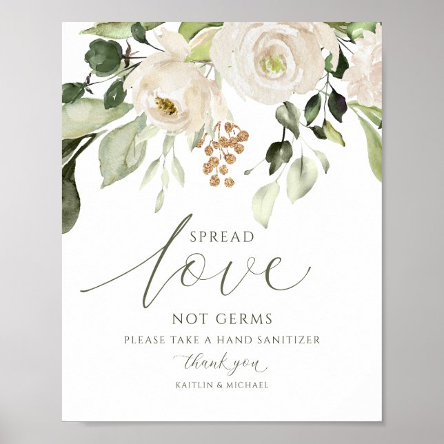 Elegant Wedding Sanitizer Covid19 Sign Greenery Poster (Vorne)