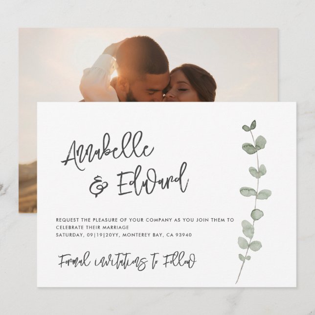 Elegant Wedding Save the Date eucalyptus Foto Einladung (Vorne/Hinten)