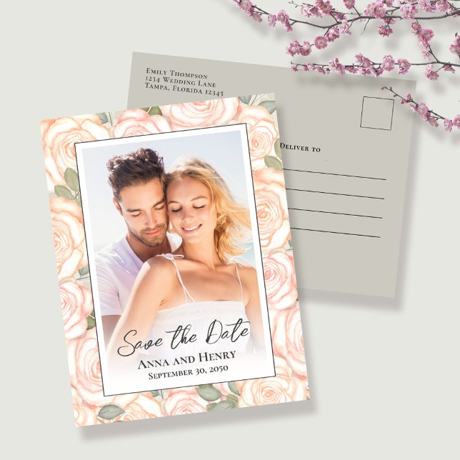 Elegant Wedding Save the Date Foto Postkarte (Blush pink save the date photo postcard.)