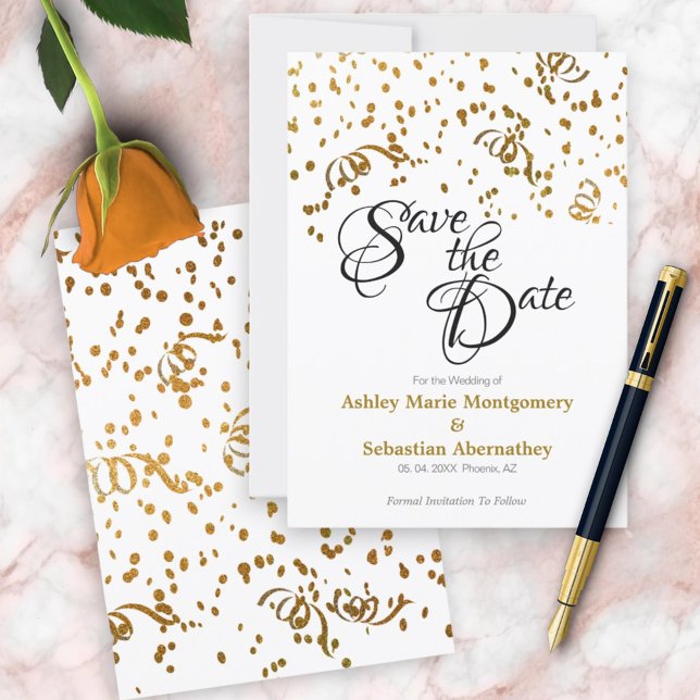 Elegant Wedding Save the Date Gold Confetti Einladung (front and back save the date invitation)
