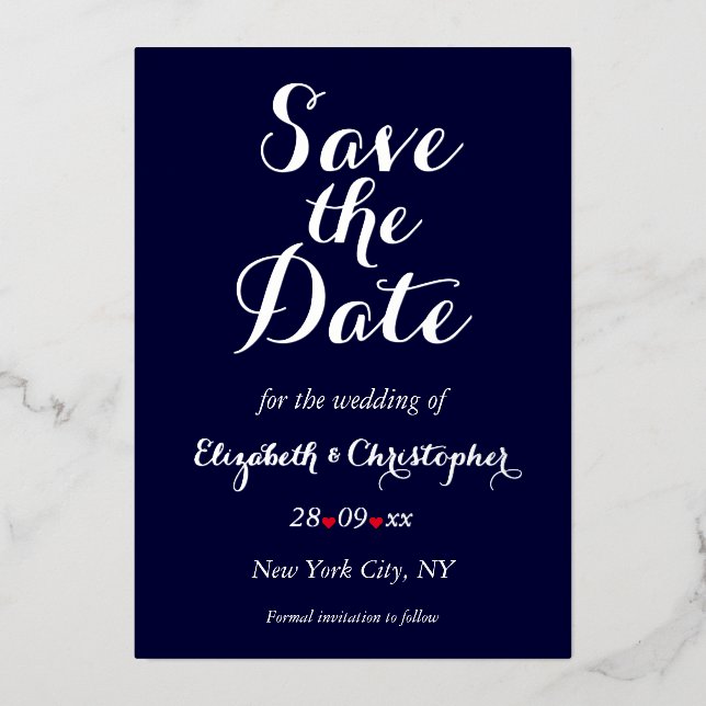 Elegant Wedding Save the Date Navy Blue Silver Folieneinladung (Vorderseite)
