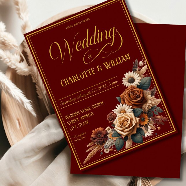 Elegant Wedding Script Brown Floral Einladung (Von Creator hochgeladen)