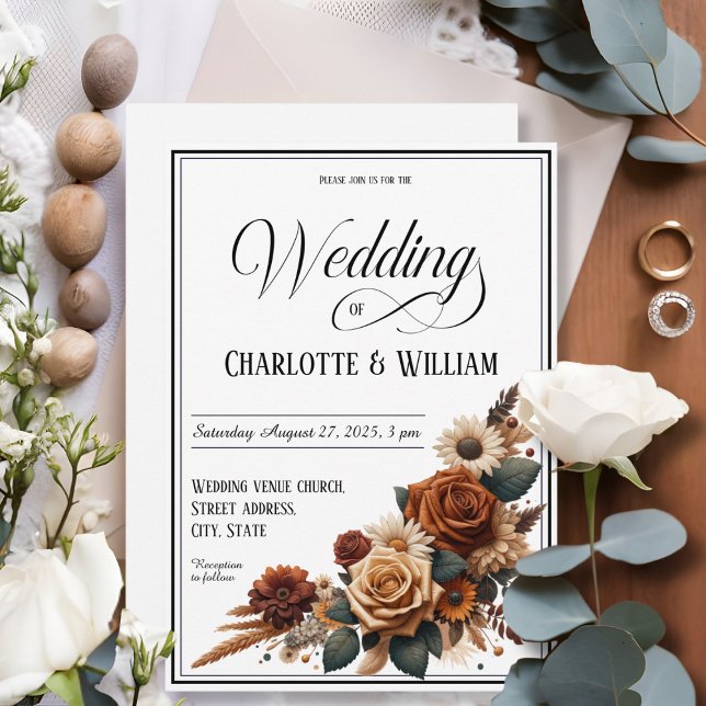 Elegant Wedding Script Brown Floral White Einladung (Von Creator hochgeladen)