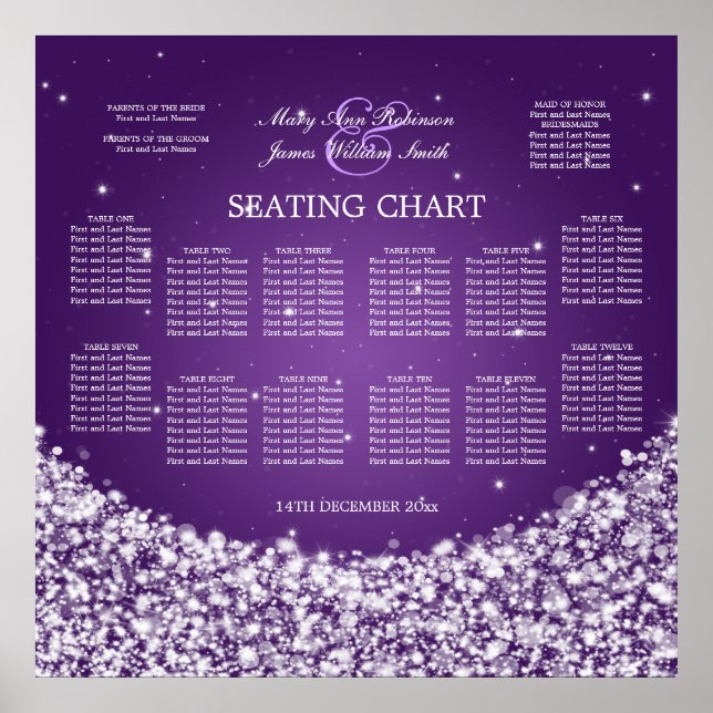 Elegant Wedding Seating Chart Star Sparkle Purple Poster (Vorne)