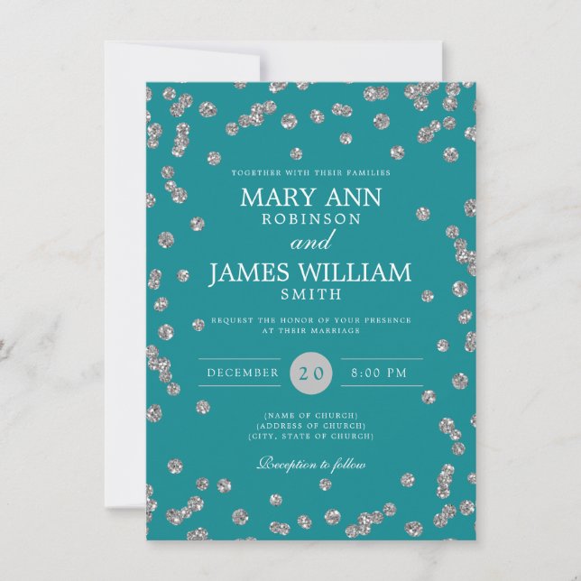 Elegant Wedding Silver Glitzer Confetti Aquamarin Einladung (Vorderseite)