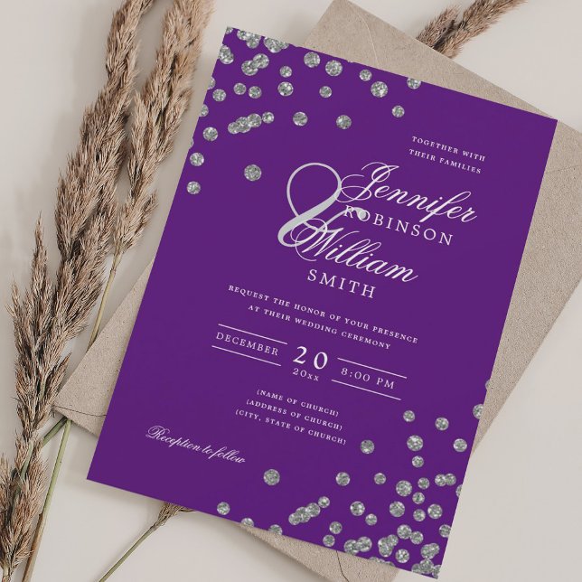 Elegant Wedding Silver Glitzer Confetti Lila Einladung (Elegant Wedding Silver Glitter Confetti Purple Invitation)