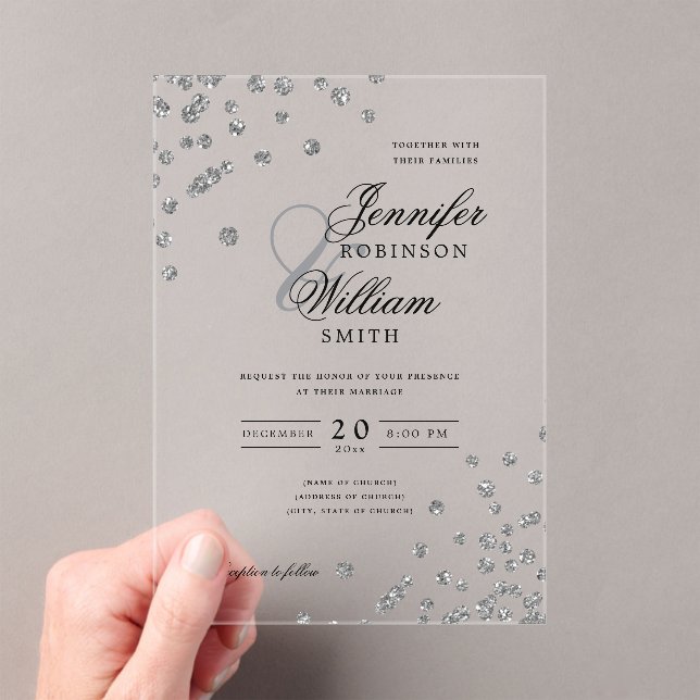 Elegant Wedding Silver Glitzer Confetti Themed Acryleinladungen (Insitu (Handheld))