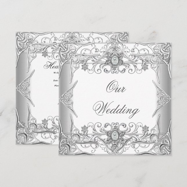 Elegant Wedding Silver White Diamond Jewel Einladung (Vorne/Hinten)