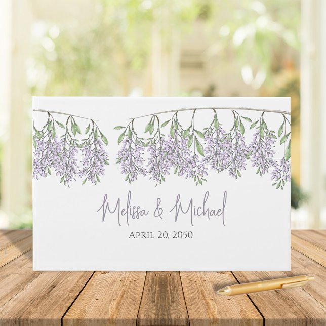Elegant Wedding Simple Minimalistisch Lilac Floral Gästebuch (Elegant simple calligraphy script floral wisteria custom guest book. )