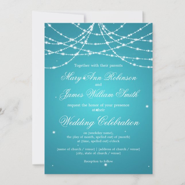 Elegant Wedding Sparkling String Türkis Einladung (Vorderseite)