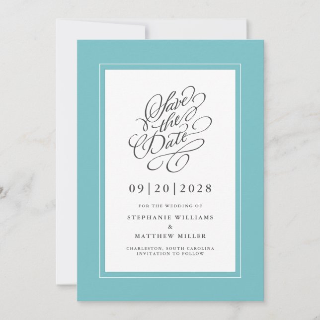 Elegant Wedding Verlobung Calligraphy Script Aqua Save The Date (Vorderseite)