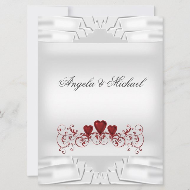 Elegant Wedding White Red Hearts Große Einladung (Vorderseite)