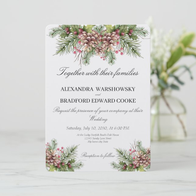 Elegant Wedding Winter Greenery Pinecone Einladung (Stehend Vorderseite)