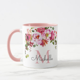 Elegant Weiblich Rosa Rose Blumen Initialen Monogr Tasse