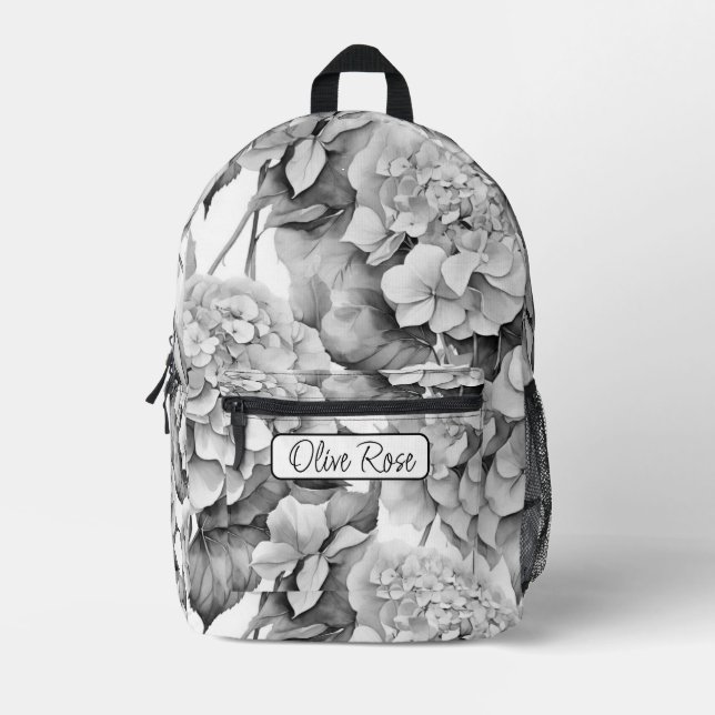 Elegant, weiß, grau, schwarz, blumenfarben bedruckter rucksack (Vorderseite)