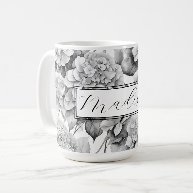 Elegant, weiß, grau, schwarz, blumenfarben kaffeetasse (Vorderseite Links)