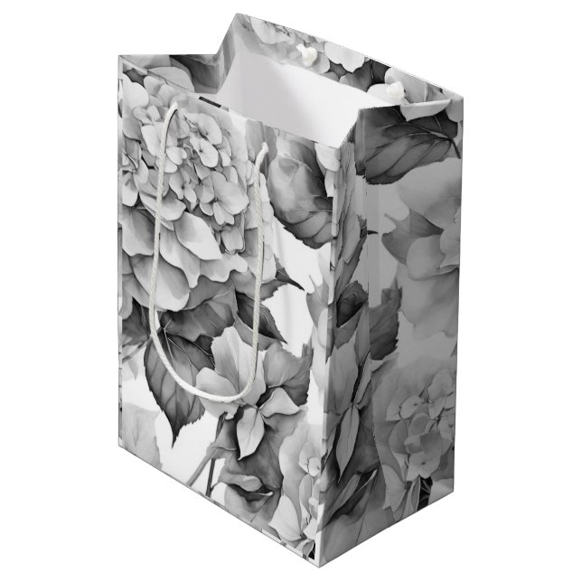 Elegant, weiß, grau, schwarz, blumenfarben mittlere geschenktüte (Vorderseite Schrägansicht)
