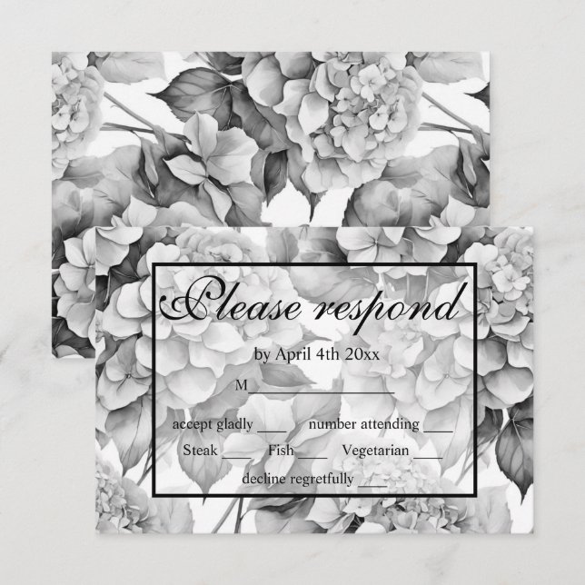 Elegant, weiß, grau, schwarz, blumenfarben RSVP karte (Vorne/Hinten)