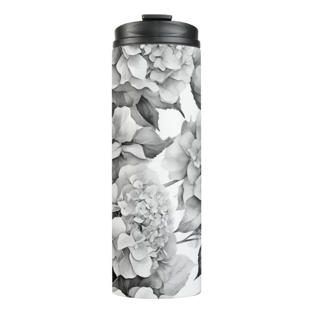 Elegant, weiß, grau, schwarz, blumenfarben thermosbecher (Vorderseite)